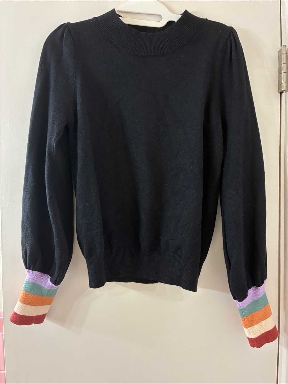 Fate Black Crewneck Sweater with Rainbow Stripe Cuffs